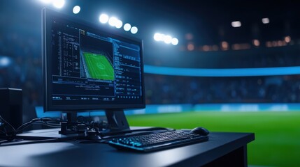 high-tech sports analytics monitor displaying data for soccer match inside stadium under bright floo