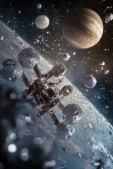 Wall Mural - a space station orbiting planets in the vastness of space, great for futuristic or sci-fi themed pro