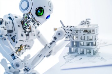 Poster - A robot stands beside a building, providing maintenance or inspection services