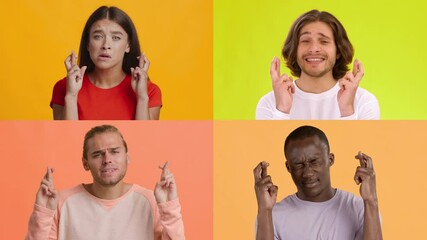Poster - A collection of individuals showcasing a range of emotions such as hope, joy, and concern. Each person is framed against a vibrant, solid background, enhancing their expressions.