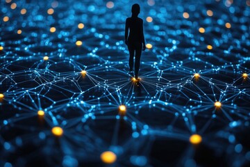 Poster - a person stands amidst a network of glowing dots, with no context or background