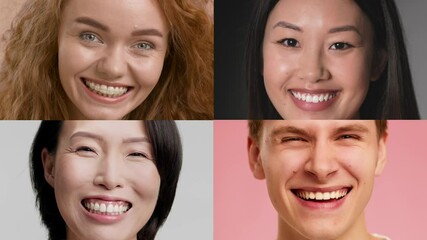 Poster - Four individuals with distinct hairstyles and expressions share joyful smiles. Their diverse backgrounds are highlighted in a vibrant and engaging group display.