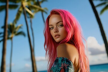 Wall Mural - A woman with bright pink hair posing in front of tall palm trees, great for travel or adventure themes