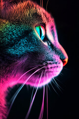 Poster - Close-up of a catâ€™s face with vibrant neon light reflections highlighting its features.