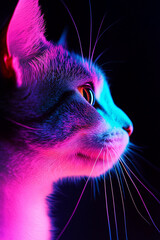 Poster - Close-up profile view of a cat's face illuminated with vibrant neon lights highlighting its features.