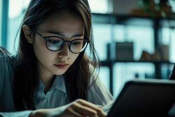 Poster - a woman sits in front of a laptop, focused on her work