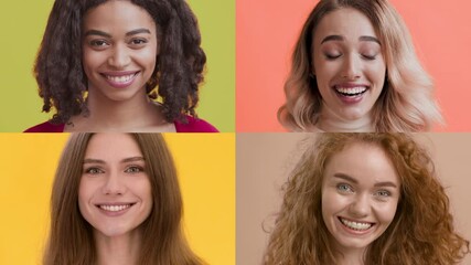 Poster - Four women with different hairstyles smile brightly, showcasing their joy. Each is framed against a vibrant background, creating a lively and uplifting atmosphere.