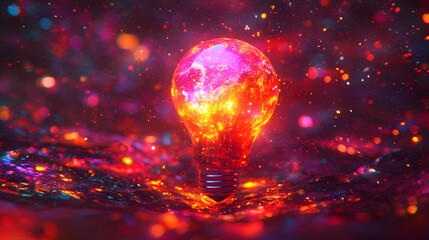 Poster - Light bulb emitting bright red and yellow light in a dark environment illuminating the surroundings