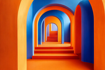 Poster - Colorful interior with blue and orange arches and stairs.