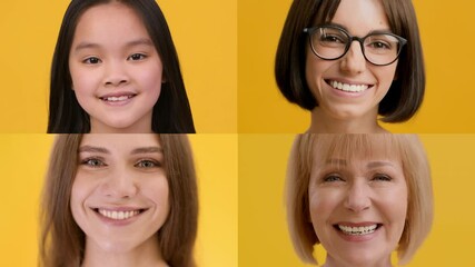 Poster - A cheerful display of four women and a girl, each showing bright smiles. The background is a vivid yellow, enhancing the warmth and joy of their expressions.