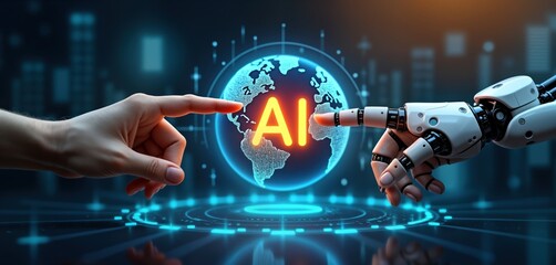 Poster - Human hand, robot hand interact with digital representation of AI on global scale. Advanced tech meets human interaction. Future of AI, global reach depicted. AI chatbot concept shown in futuristic