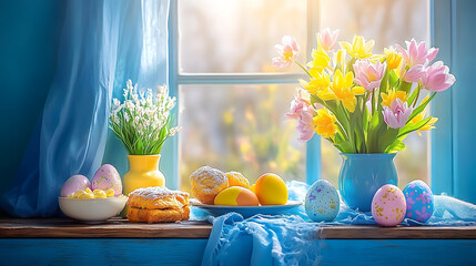 Poster - Window with blue curtain showcasing natural light in a cozy indoor setting
