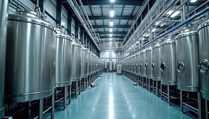 Poster - Modern dairy plant facility shows rows of stainless steel tanks for food processing. Automated equipment, pipelines evident in industrial setting. Facility modern tech, automated processes for milk