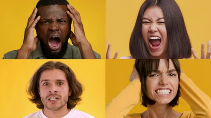 Poster - A collage showcasing individuals expressing various emotions against a vibrant yellow background, capturing moments of frustration and joy in a dynamic lifestyle setting.
