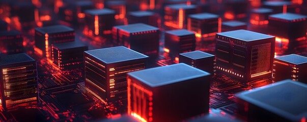 Poster - A captivating view of intricate microchips illuminated by vibrant red lights, showcasing the complexity and beauty of modern electronic technology in a dynamic setting.