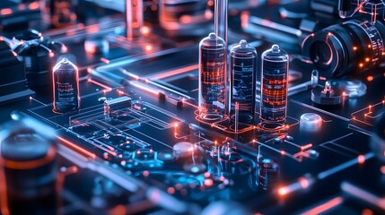 Poster - A close-up view of a futuristic circuit board featuring glowing components and vibrant colors. This image symbolizes advanced technology and innovation in electronics.