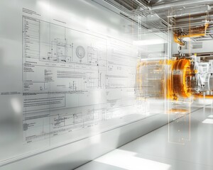 Poster - A futuristic engineering workspace featuring detailed blueprints and advanced machinery illuminated in a sleek, modern environment
