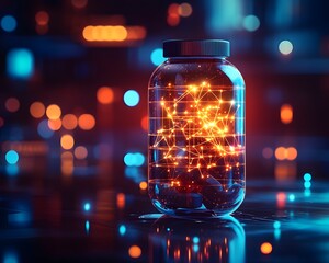 Poster - A glass jar filled with glowing particles represents innovation and technology
