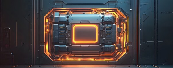 Poster - A futuristic technological panel with a glowing orange edge, set against a dark metallic background, symbolizing advanced interfaces and innovation in the digital age.