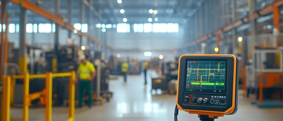 Poster - A modern industrial warehouse interior featuring advanced machinery and monitoring equipment