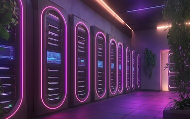 Poster - a modern server room illuminated by vibrant neon lights, featuring sleek design and high-tech equipm