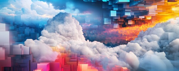 Poster - A stunning digital landscape showcasing vibrant clouds and dynamic pixel elements. This abstract representation symbolizes the intersection of nature and technology.