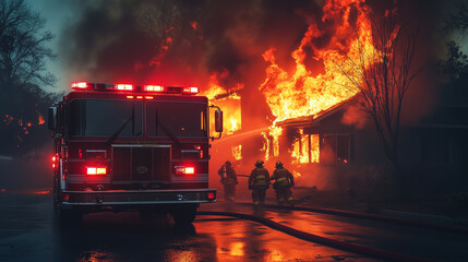 Wall Mural - a fire truck parked in front of a house engulfed in flames, with firefighters rushing towards the sc