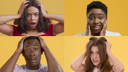 Poster - A collage features diverse individuals displaying shock and disbelief through their gestures and expressions against a bright yellow background.