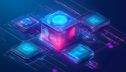 Poster - A vibrant, futuristic digital cube surrounded by glowing circuits and colorful lights, representing advanced technology, innovation, and digital transformation in a modern environm