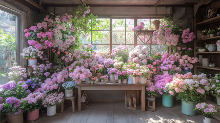 Poster - Room interior featuring a table adorned with a vibrant arrangement of flowers in a cozy setting