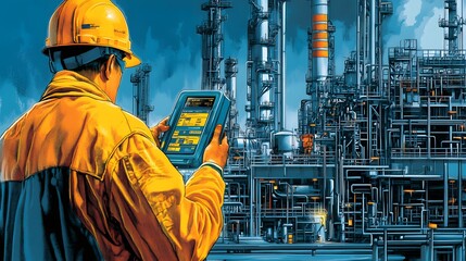 Poster - A worker in a safety helmet monitors equipment on a digital device in a modern industrial facility, showcasing technology integration and the importance of safety in labor environm