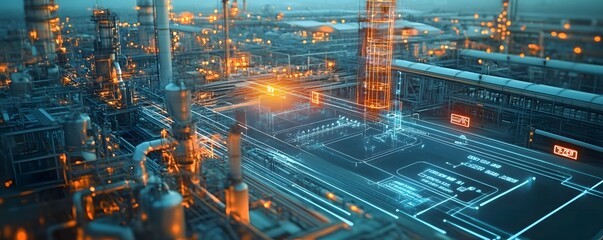 Poster - Aerial view of a modern industrial facility showcasing intricate pipelines and glowing machinery, embodying the essence of cutting-edge technology and energy production.