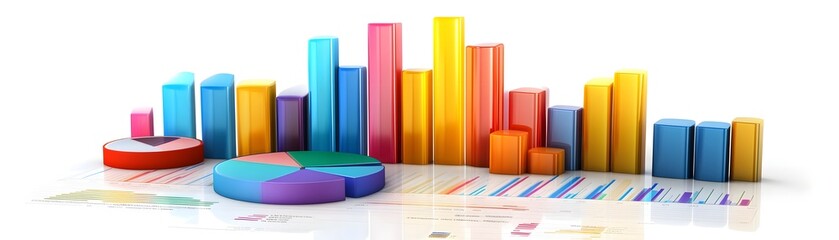 Poster - Colorful 3D bar graphs and pie charts representing data analysis and financial growth. Ideal for business presentations, reports, and marketing materials to visualize trends.