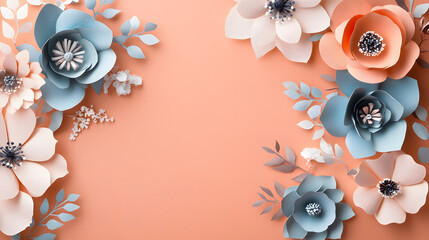 Poster - A collection of colorful paper flowers arranged on a soft peach background for decorative purposes