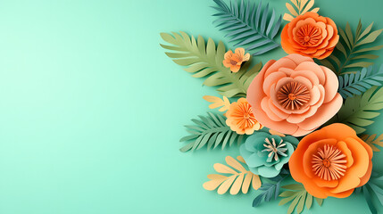 Poster - Colorful paper flowers arranged on a vibrant green background creating a visually appealing composition