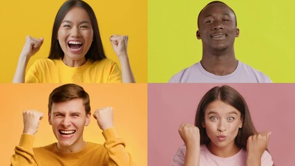 Poster - A lively collage of four diverse individuals showcasing a range of positive emotions. Each person displays joy in distinct colors, emphasizing happiness and connection.