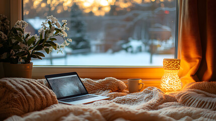 Poster - Laptop computer resting on a bed covered with a soft blanket in a cozy indoor setting