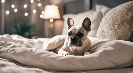cute purebred white brown french bulldog lying on bed 4k