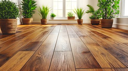Poster - Wooden floor with several potted plants arranged on it creating a natural indoor atmosphere