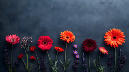 Poster - Row of colorful flowers blooming against a textured gray wall in a vibrant outdoor setting