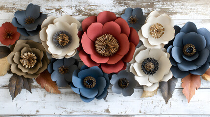 Poster - Colorful paper flowers arranged on a white wooden surface creating a vibrant decorative display