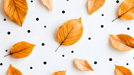 Poster - Orange leaves scattered on a white background with small black dots for a modern design element