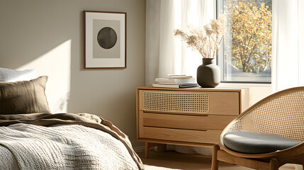 Poster - Cozy bedroom featuring a bed chair and large window with natural light streaming in