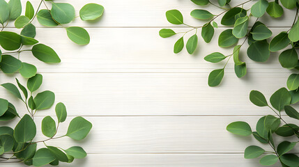 Poster - Green leaves laying on a white wooden background creating a natural and fresh aesthetic