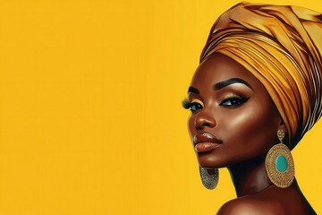 Wall Mural - Elegant woman in vibrant headscarf illustration against vivid yellow background