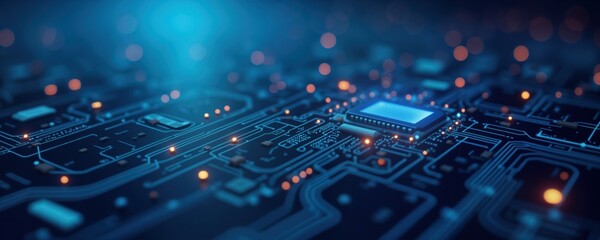 Leinwandbilder - Abstract tech background shows circuit board pattern with glowing dots. Dark color palette, flat design style create futuristic feel. Modern technology concept. Network connection, computer data flow