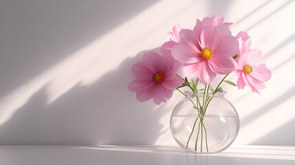 Poster - Vase filled with pink flowers arranged on a wooden table indoors with natural light shining through a window