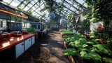 Abandoned greenhouse lab, plants, research, overgrown, sunlight, decay, futuristic, farming