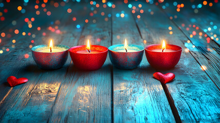 Poster - Three heart-shaped candles placed on a rustic wooden table for decor and ambiance