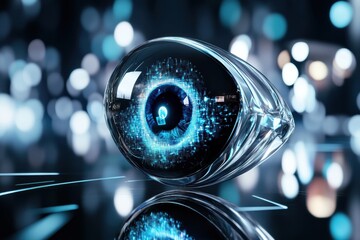 Poster - Futuristic eye design with glowing blue digital elements on a reflective surface